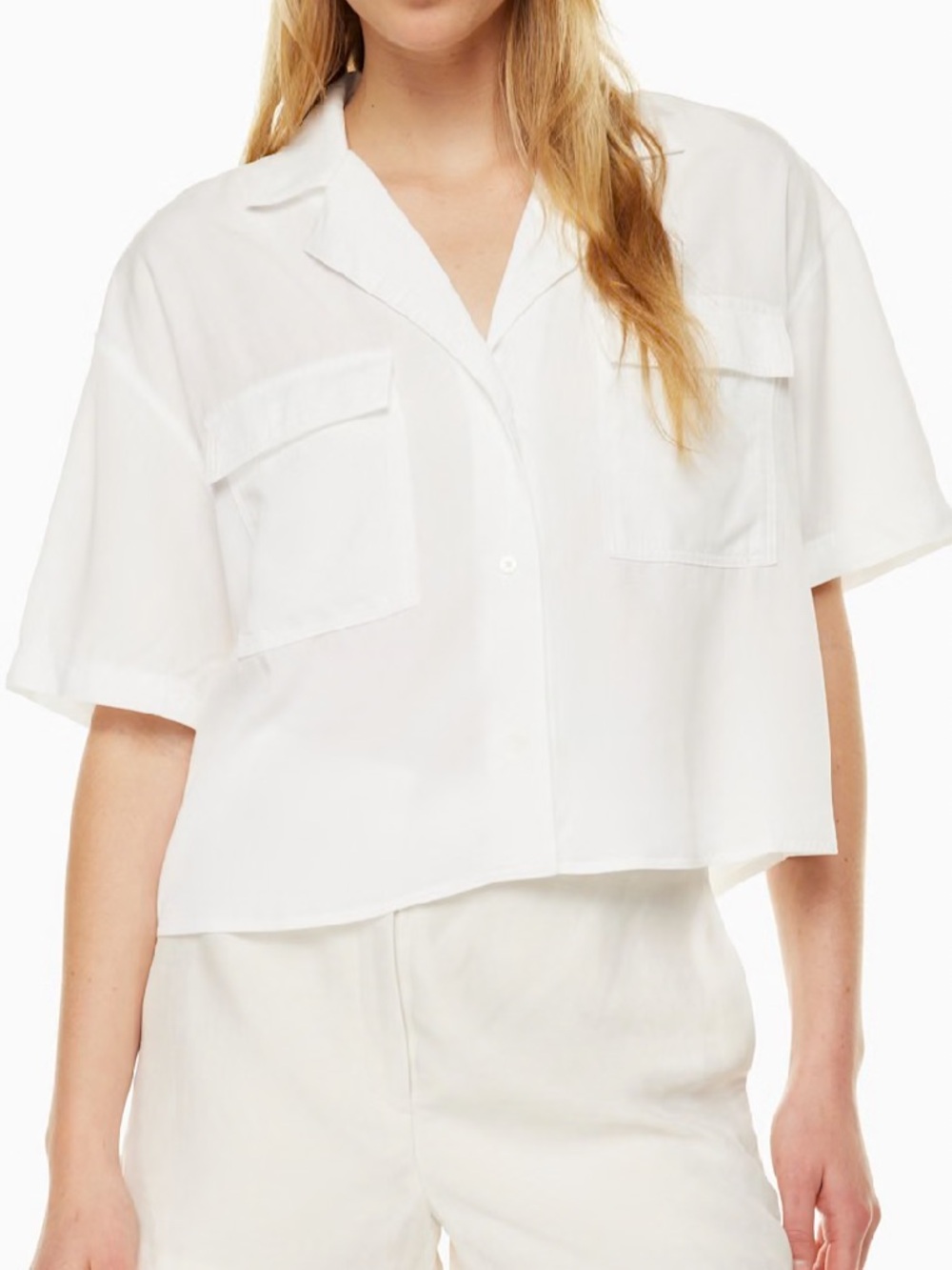 Aritzia Babaton White Short-Sleeve Button-Front Pocket Shirt Dottie Shirt 6621